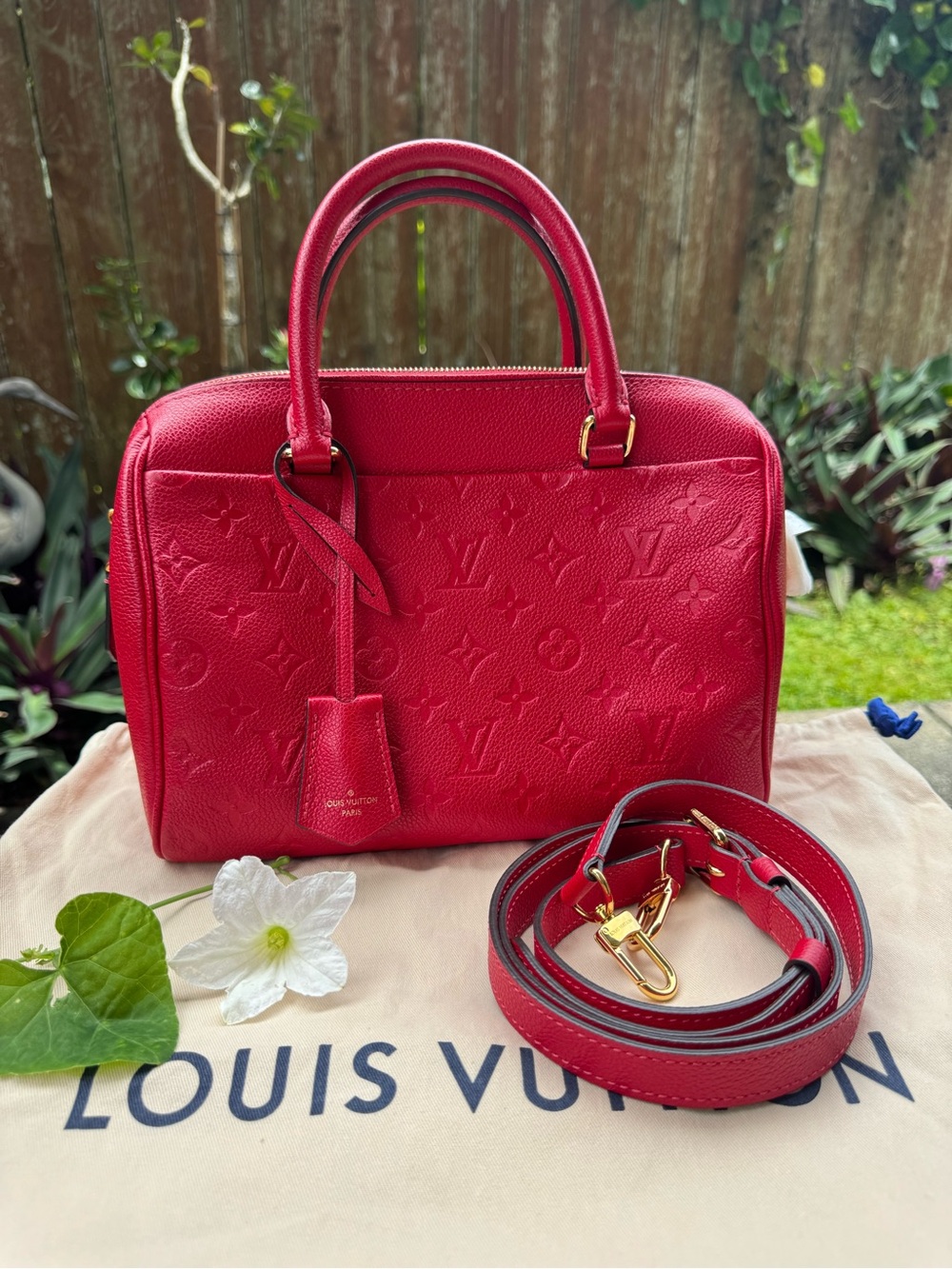 Louis Vuitton Red Monogram-Embossed Leather Satchel with Strap